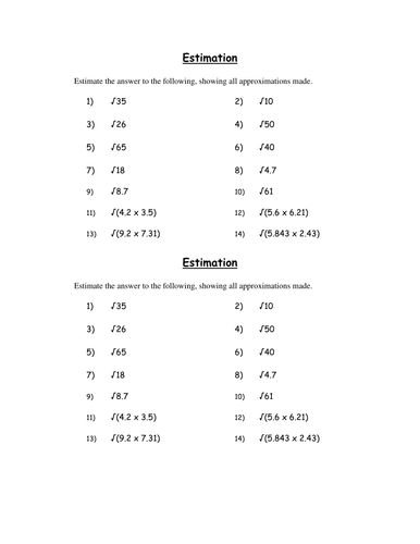 Basic Estimation Involving Square Roots Homework