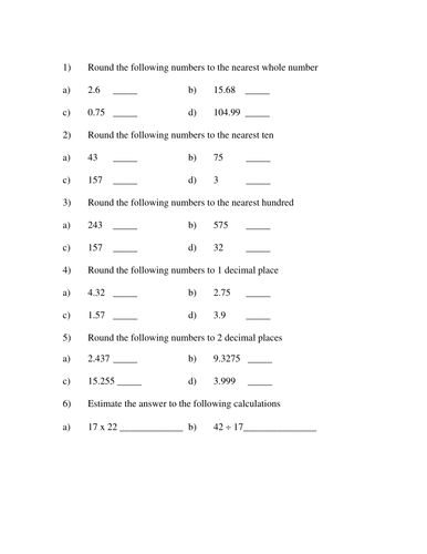 Very Basic Rounding and Estimation Homework or Assessment