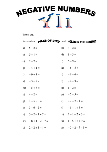 Negative Numbers Addition and Subtraction Basic Homework