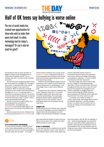 News written for classrooms: Anti-bullying week articles, debate questions and activities