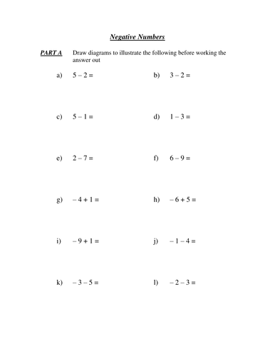 negative numbers homework tes