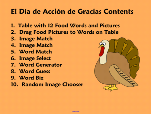 Spanish Thanksgiving Games, Vocabulary and Activities Smart Board