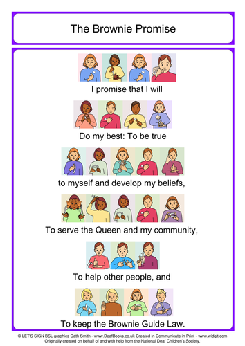Brownie Guide Promise with BSL signs (British Sign Language) in colour