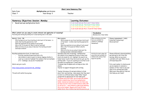 multiplication and division planning and work sheets third grade