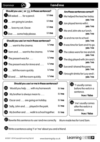 40 KS2 FREE Grammar and Punctuation Worksheets - for Print, Whiteboard and Tablets - I and Me