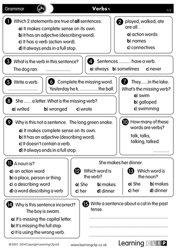 40 KS2 FREE Grammar and Punctuation Worksheets - for Print, Whiteboard and Tablets - Verbs