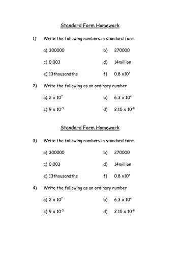 Standard Form Basics Homework | Teaching Resources