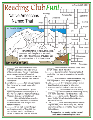 Places Native Americans Named Crossword Puzzle Teaching Resources