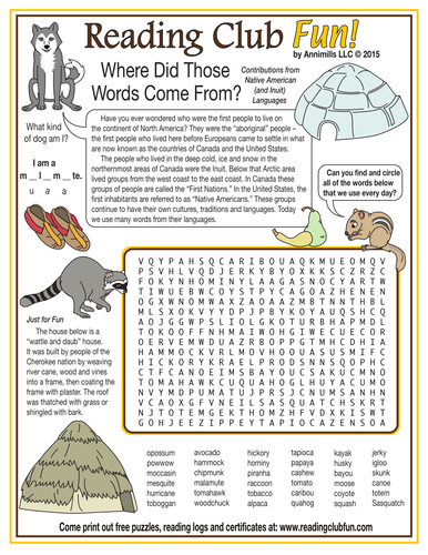 Contributions from Native American (and Inuit) Languages Word Search Puzzle