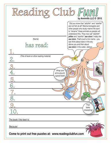 Ocean Invertebrates Reading Log and Certificate Set