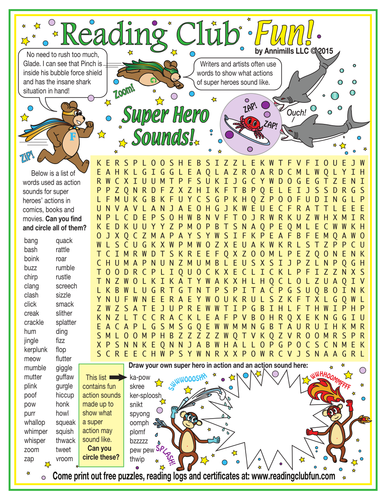 Super Hero Action Sounds (Onomatopoeia) Word Search Puzzle