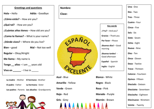 KS1/KS2 Spanish learning mat (Numbers, colours, greetings, family and ...