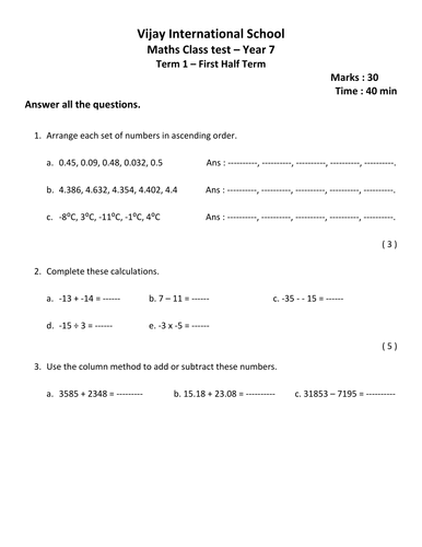 Year 7  Maths Assessment 