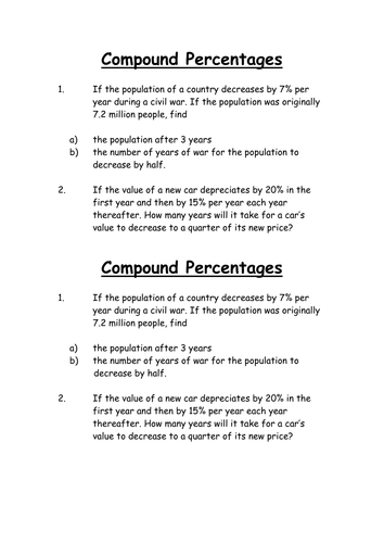 Compound Percentage Decrease Differentiated Homework