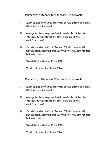percentage increase and decrease homework