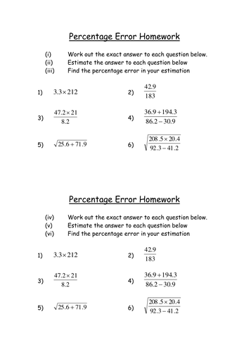 Percentage Error and Estimation Homework