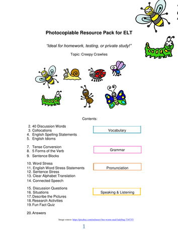 Minibeasts - Photocopiable Resource Pack for ELT and ESL 