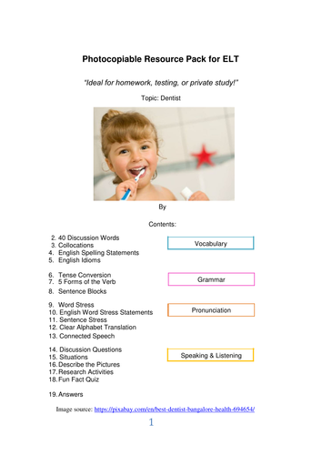 Dentist and Teeth Photocopiable Resource Pack for ELT -Ideal for homework, testing, or private study