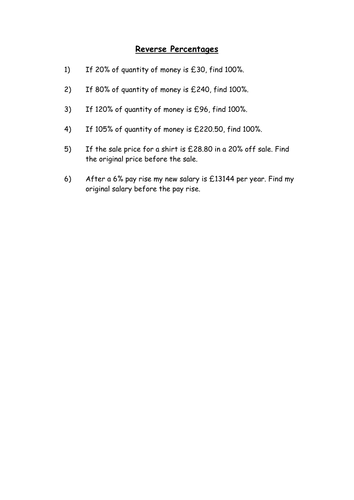 Reverse Percentages Homework