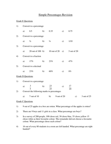 Percentages without a calculator worksheet picture