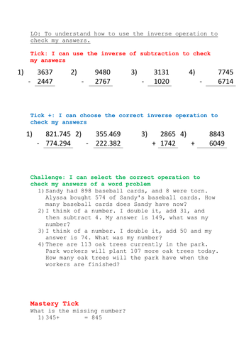 Year 4 top set inverse questions