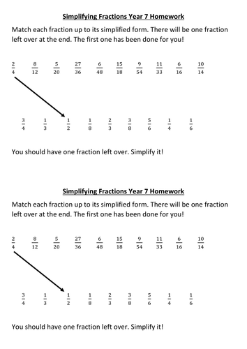 Simplifying Fractions Matching Worksheet | Teaching Resources