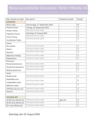 Meine persönliche Checkliste (revision / practice)