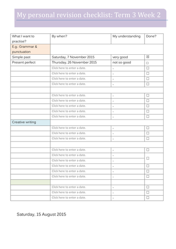 Personal revision checklist with 'drop-down menus'