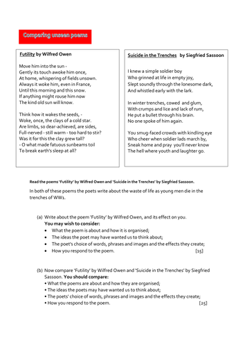 Comparing unseen poems: 'Futility' by Wilfred Owen & 'Suicide in the Trenches'  by Siegfried Sassoon