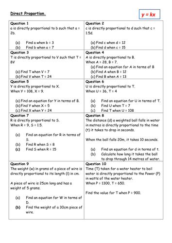 Direct and Inverse Proportion GCSE Revision Worksheet by amybrookes1988