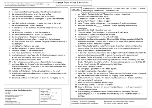 German Topic Verbs with extra detail (Mix of irregular, separable & regular verbs)