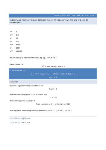 Logarithms and Exponential Functions FULL Teaching Notes