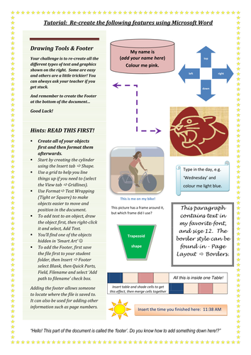 MS Word Tutorial 1 - Drawing Tools and Formatting Fun (layout, borders, wrap text, position, footer)