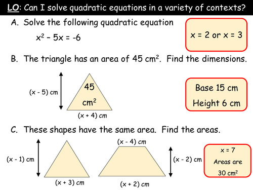 Creating and Solving Quadratic Equations (Grade B-A*)
