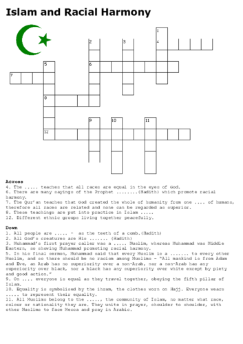 Islam and Racial Harmony Crossword 