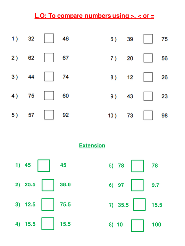 Comparing numbers up to 100 < > =