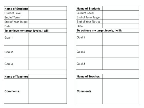 Student End of Year Target/ Levels Sheet