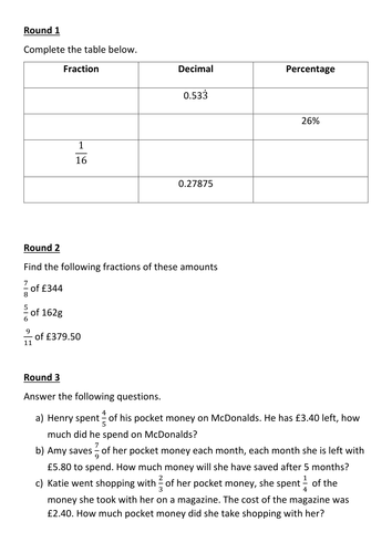 Summary of Percentages, Fractions and Decimals