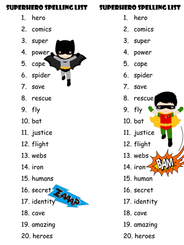 Super Hero Spelling List Teaching Resources