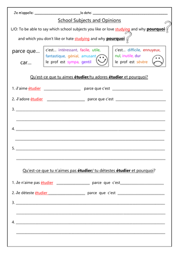 FRENCH School Subjects And Opinions Worksheets