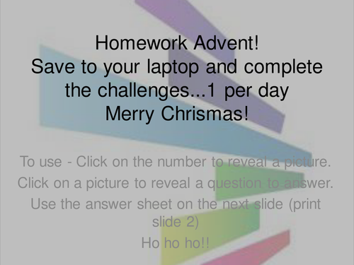 Maths Starter or Homework advent Calendar