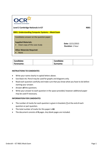 Cambridge Nationals - Unit 01 - R001 - January 2016 Mock Exam - Appleside Doctors Practice