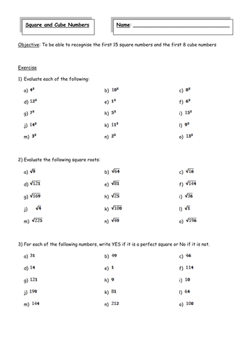 Square and Cube Numbers - intro to notation