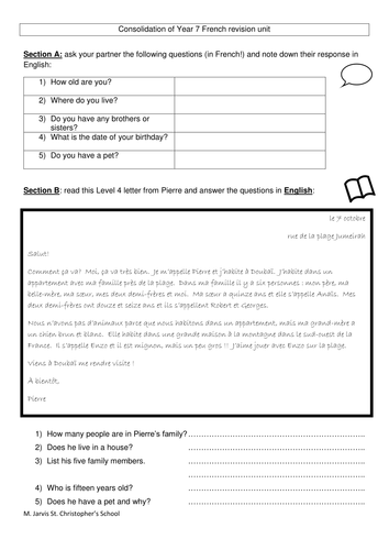 Speaking, Reading and Writing consolidation of basic Year 7 French knowledge