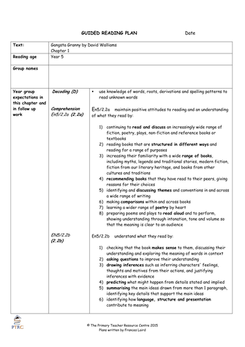 Gangsta Granny Guided Reading Plans Teaching Resources