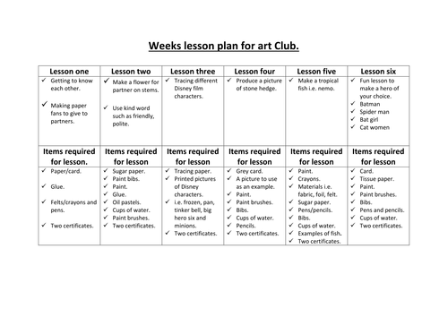 art club plan for 6 weeks