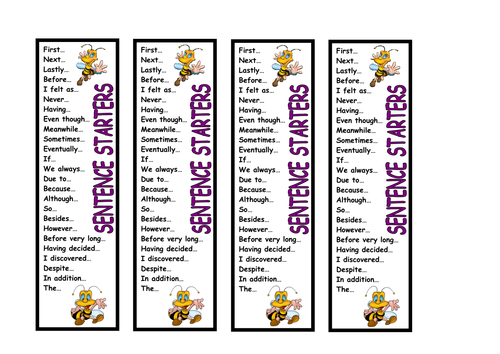 Sentence Writing Level 1 & 2 Cross Check Bookmark