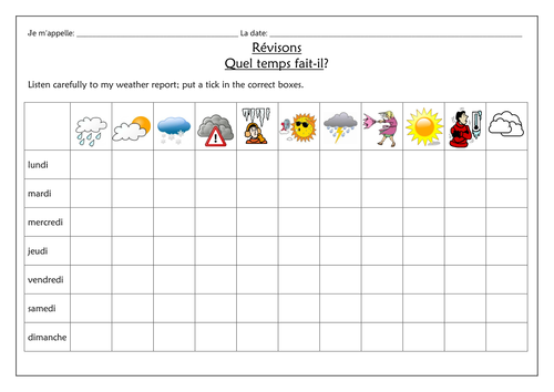 FRENCH - Weather - Quel temps fait-il? Revision - tick box report
