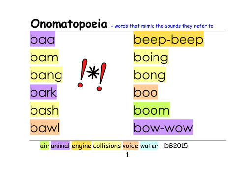 Onomatopoeia - A5 table cards full of examples - smash, howl, mumble, rustle etc.