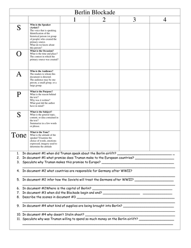 The Berlin Blockade SOUPSTONE Primary Source Analysis Worksheet